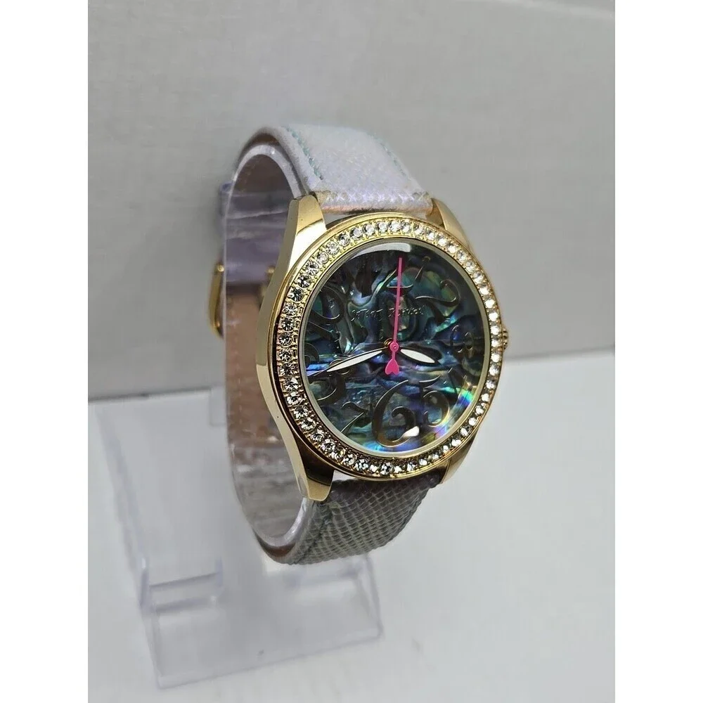 Betsey Johnson Abalone Dial Crystals Iridescent Purple Womens Watch New Battery